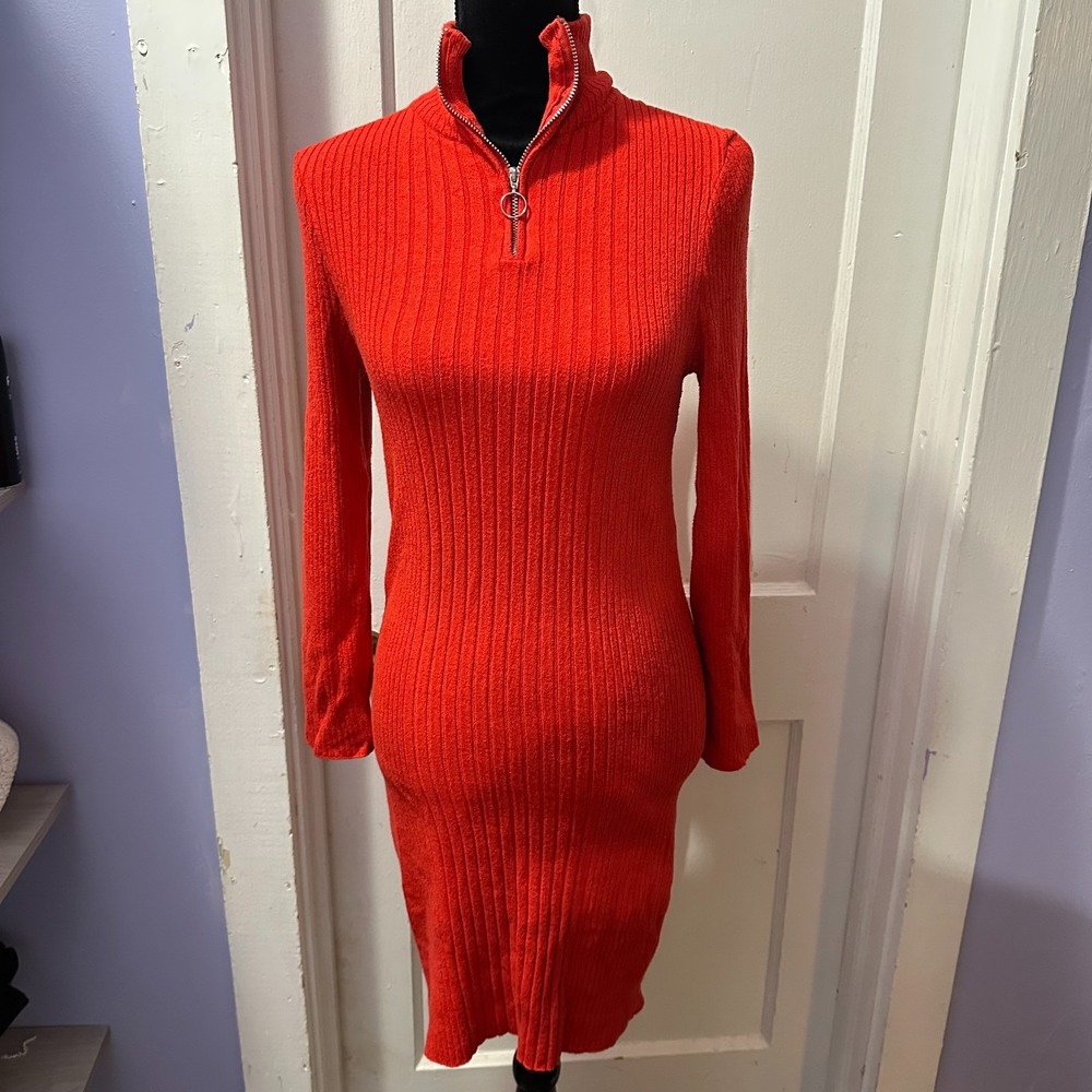 Cooperative Red Zipper Detail Turtleneck Long Sleeve Dress in L